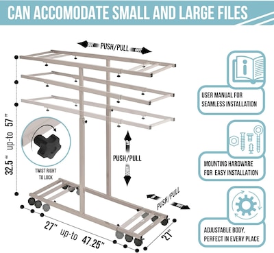 AdirOffice Steel Mobile Blueprint Storage File Storage Cart with (12) 30" Hanging Clamps, Beige (614-6036)