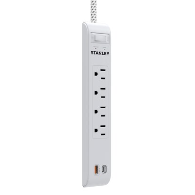 STANLEY SurgeMax 4-Outlet Surge Protector Power Strip with 2-USB Ports & Braided Fabric Cord, 6-ft., 600 Joules, White (33253)