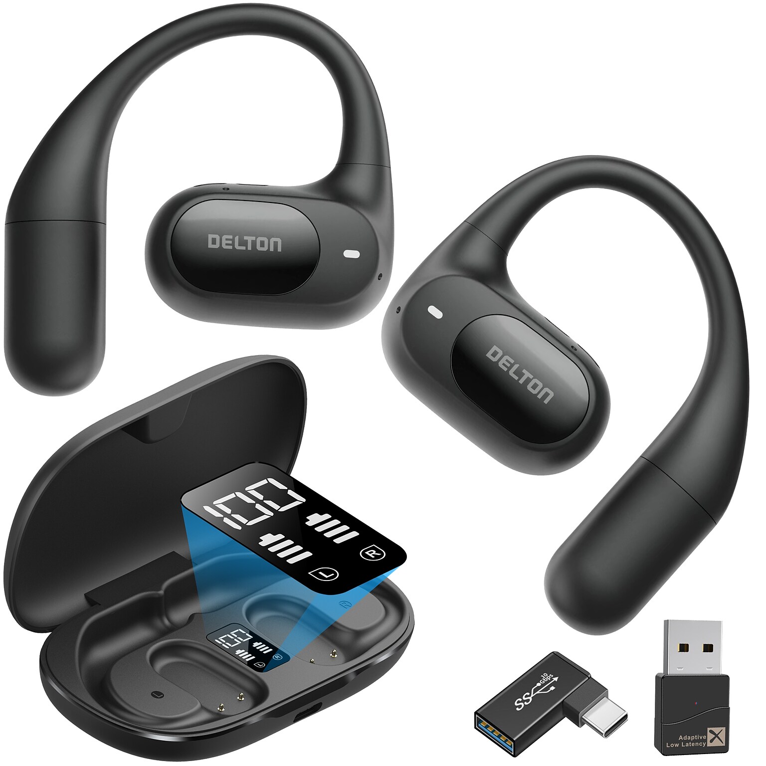 Delton O104 Open-Ear Wireless Headset with Charging Case Bluetooth Earbuds Headphones, Black (DBHO104)