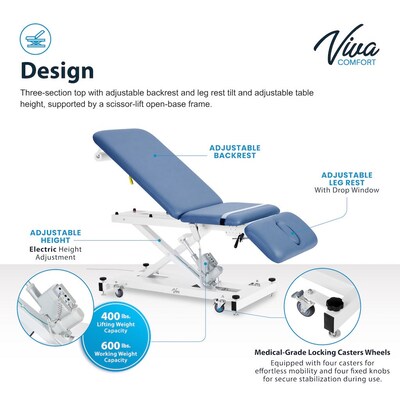 Viva Comfort XRO 3-Section Electric Height and Back Adjustable Exam Table, 600 lbs. Capacity, Blue (ADI903-21-BLU-MK)