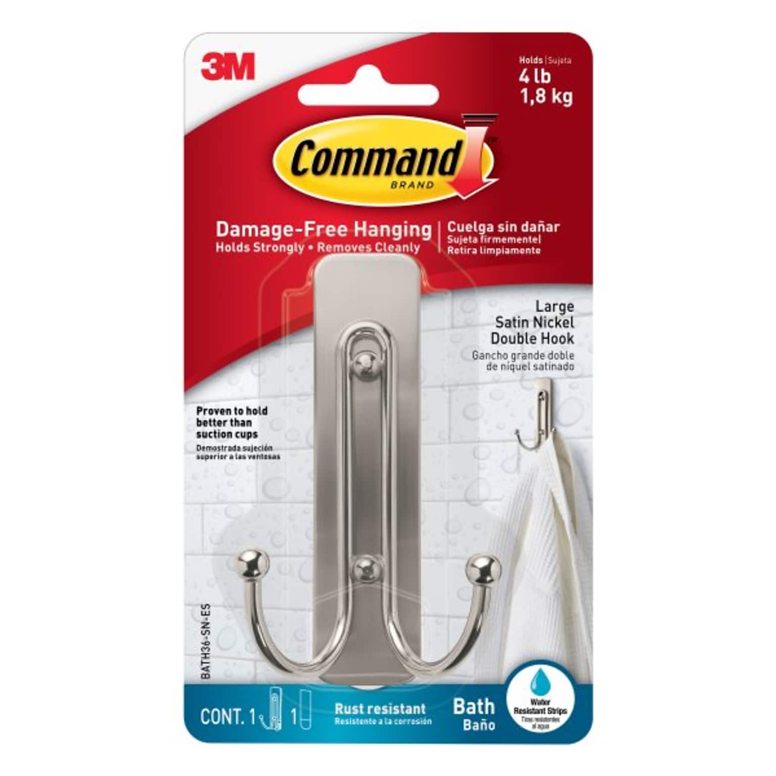 Command Large Bathroom Hook, Satin Nickel, (BATH36-SN-ES)