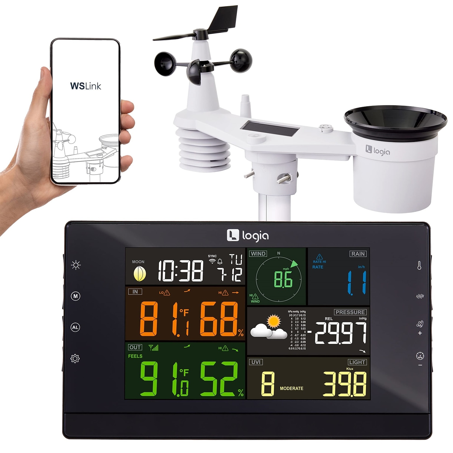Logia 7-in-1 Wi-Fi Wireless Weather Station w/Solar, Indoor/Outdoor weather station w/Alarms & More (LOWSCB711SAB)