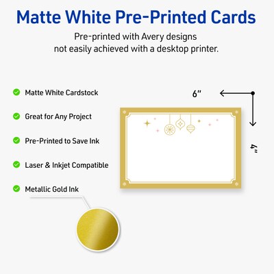 Avery Gold-Metallic Ornaments Matte Blank Card, White, 20/Pack (S00-FH3)