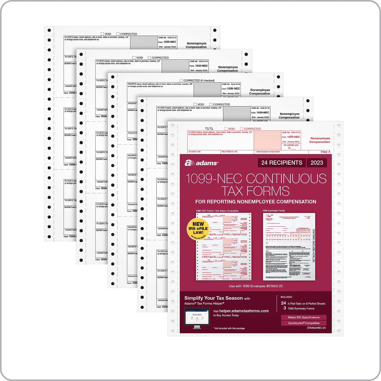 Adams 2023 1099-NEC Continuous-Feed Tax Forms with 1096 Forms, 5-Part, 24/Pack (STAX524NEC-23)