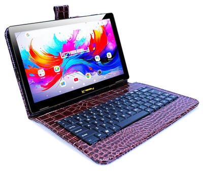 Linsay F10 Series 10.1" Tablet, Wi-Fi, Octa Core, 256GB eMMC, Android 15, with Brown Crocodile Keyboard Case