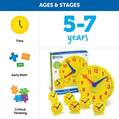 Learning Resources Classroom Clock Kit, Learning to Tell Time Manipulative, Yellow, 25 Pieces (LER2102)