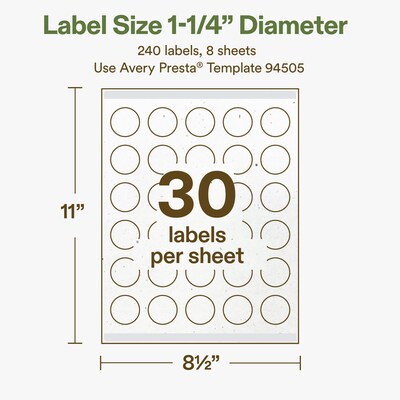 Avery Hemp Round Laser/Inkjet Multipurpose Labels, 1-1/4" Dia, Off-White (240/Pack)