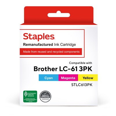 Staples Remanufactured Cyan/Magenta/Yellow Standard Yield Ink Cartridge Replacement for Brother LC61 (STLC613PK), 3/Pack