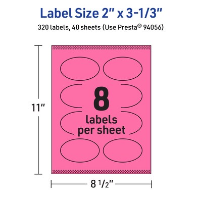Avery Laser/Inkjet Oval Multipurpose Labels, 2" x 3-1/3", Bright Pink, 320/Pack (94056)