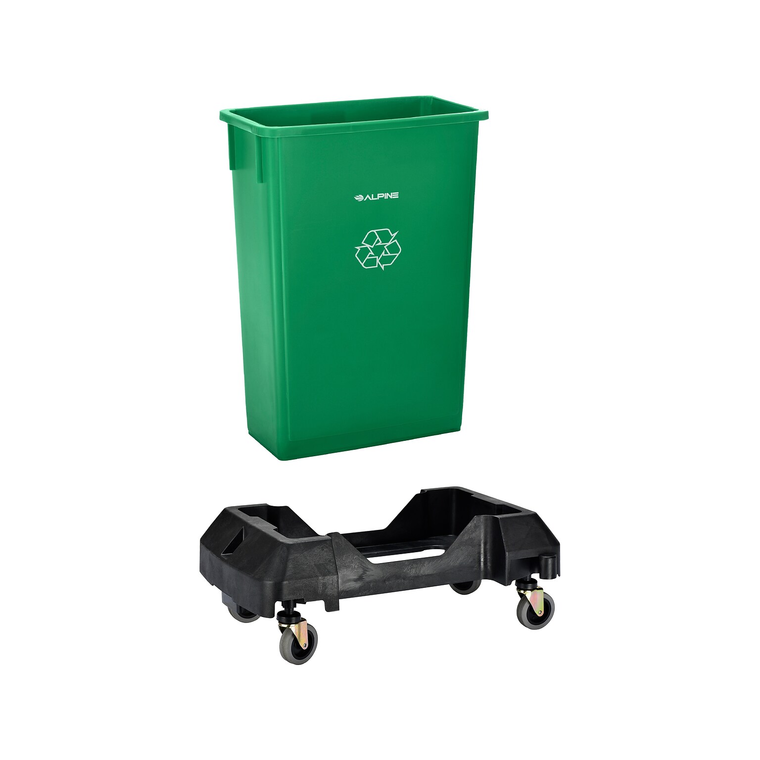 Alpine Industries Polypropylene Recycling Bin and Dolly, 23 Gallon, Green (ALP477-GRN-PKD)
