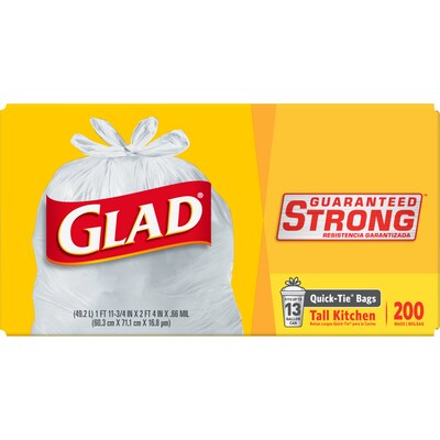 Glad 13 Gallon Kitchen Trash Bag, 4.5" x 9", Low Density, 0.66 mil, White (15931)