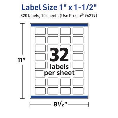 Avery TrueBlock Laser/Inkjet Multipurpose Rectangle Labels, 1" x 1.5", White, 320 Labels/Pack (94219)