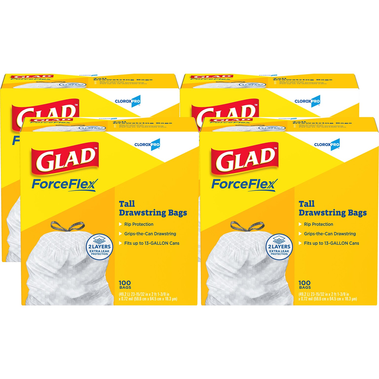 Glad ForceFlex Tall 13 Gallon Drawstring Kitchen Trash Bag, White, 400 Total Bags (78526)