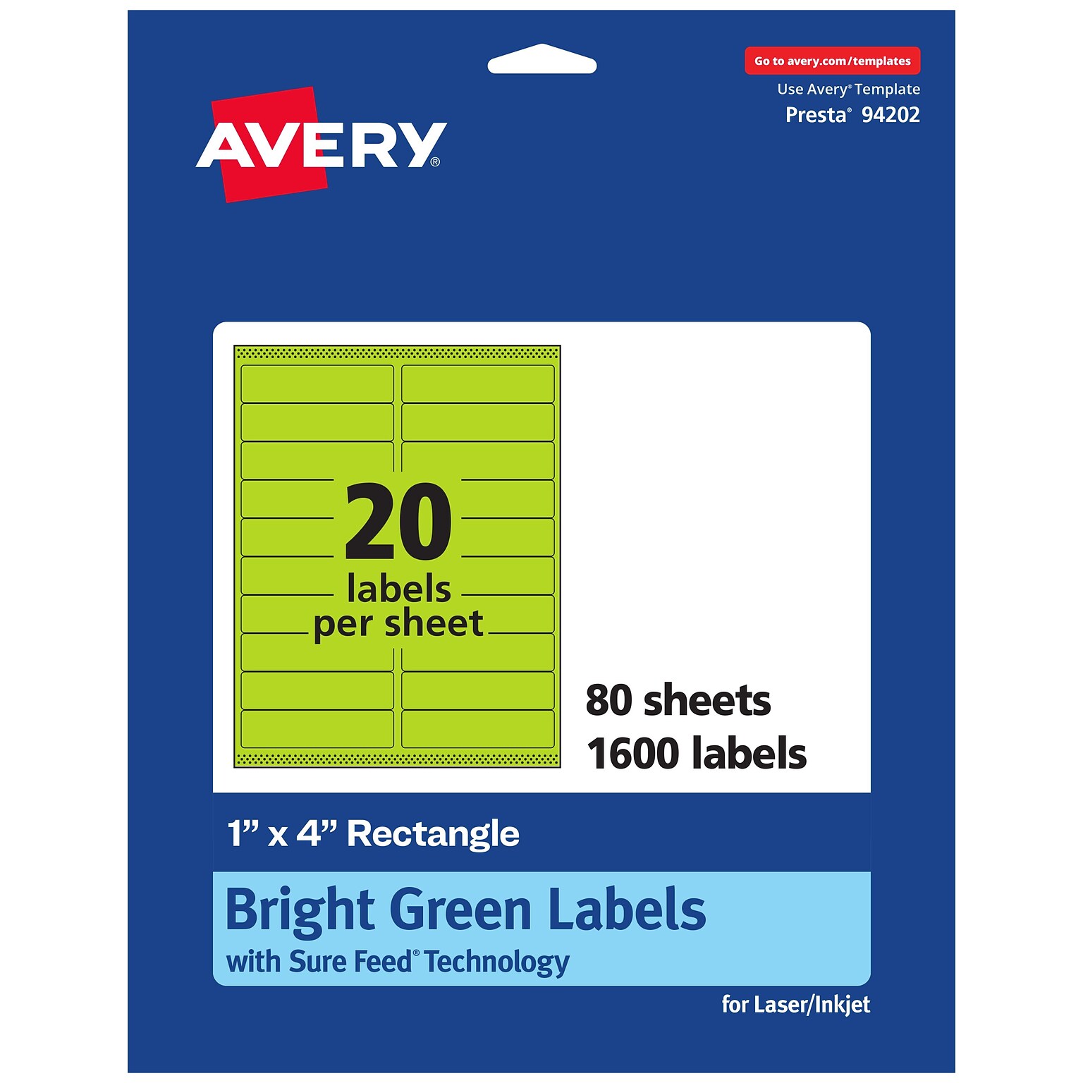 Avery Printable Rectangle Multipurpose Labels, 1 x 4, Bright Green, 1600/Box (94202)