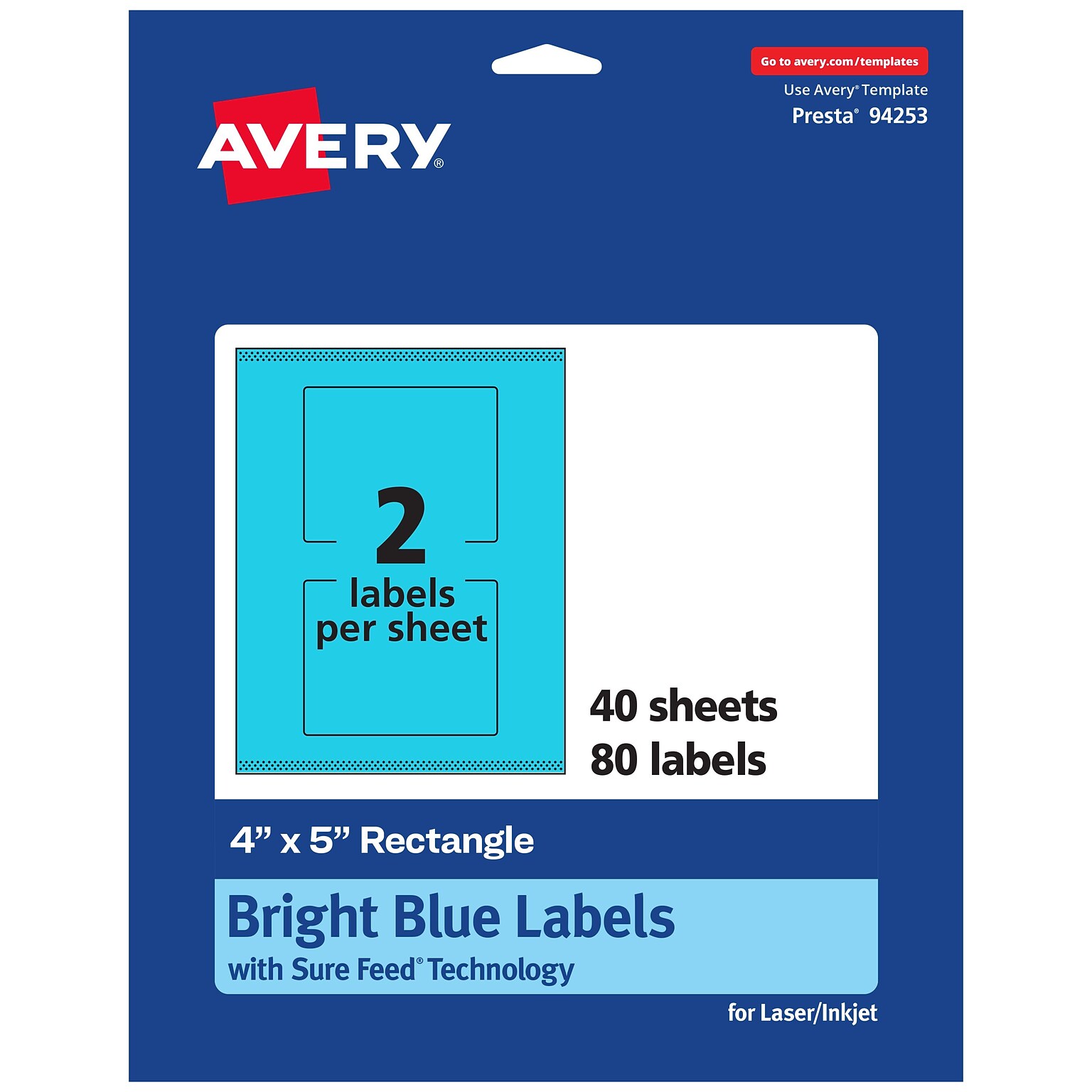 Avery Rectangle Multipurpose Labels, 4 x 5, Bright Blue, 80/Pack (94253)