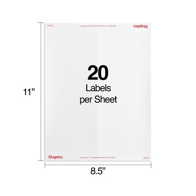 Staples® Laser/Inkjet Address Labels, 1" x 4", White, 20 Labels/Sheet, 100 Sheets/Pack, 2000 Sheets/Box (ST18058-CC)