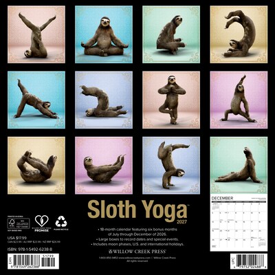 2027 Willow Creek Sloth Yoga 12 x 12 Monthly Wall Calendar, Assorted Colors (62388)