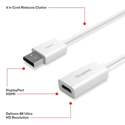 Staples TECH DisplayPort to HDMI Audio/Video Adapter, Male to Female, White (ST62362)