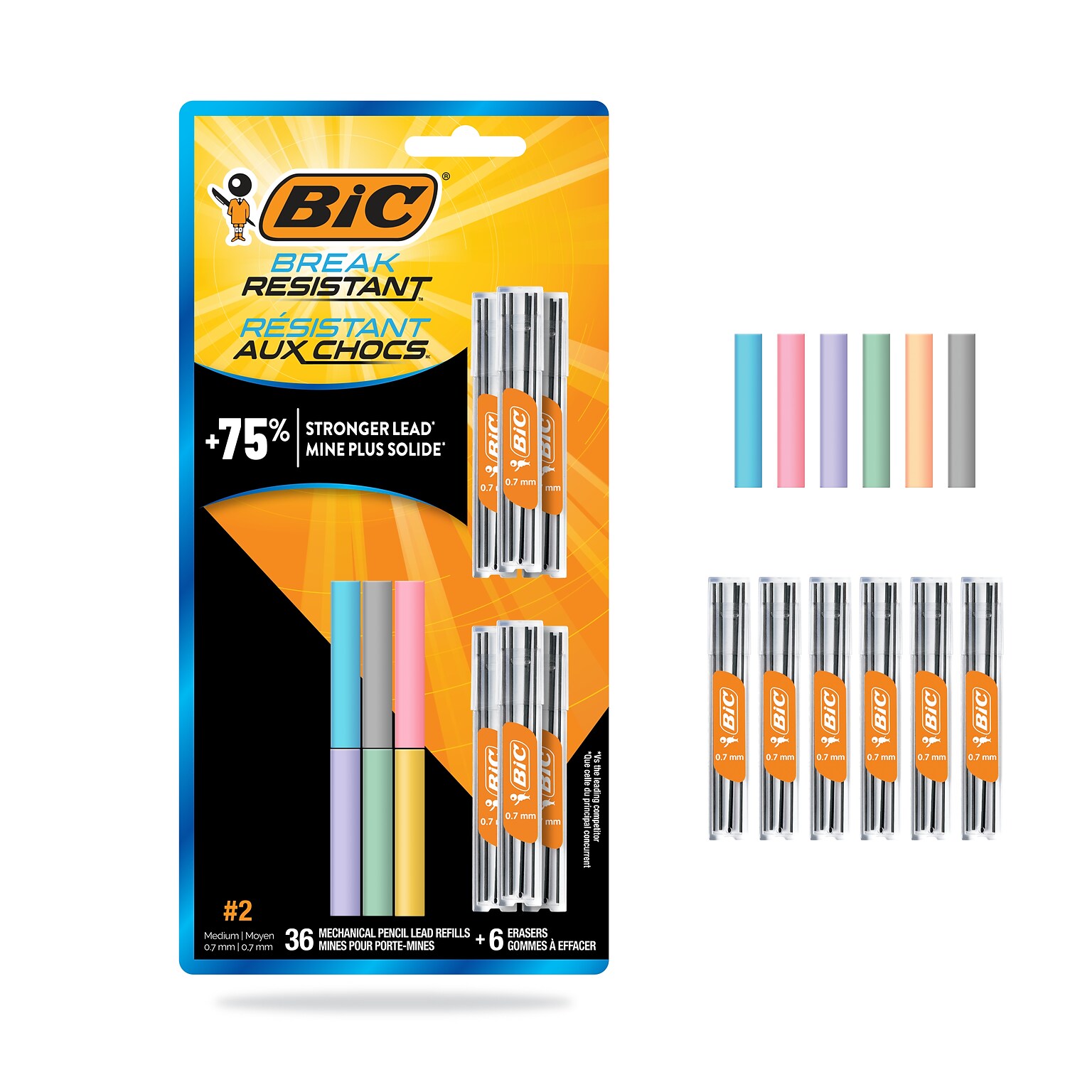 BIC Break Resistant Mechanical Pencil Lead and Eraser Refills, 12/Pack (LMV7PR42-AST)