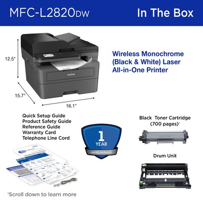 Brother MFC-L2820DW Compact Wireless Black & White Printer, All-In-One, Print, Scan, Copy, Fax, Refresh Subscription Ready
