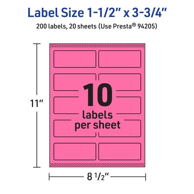 Avery Laser/Inkjet Rectangle Multipurpose Labels, 1.5" x 3.75", Bright Pink, 200/Pack (94205)