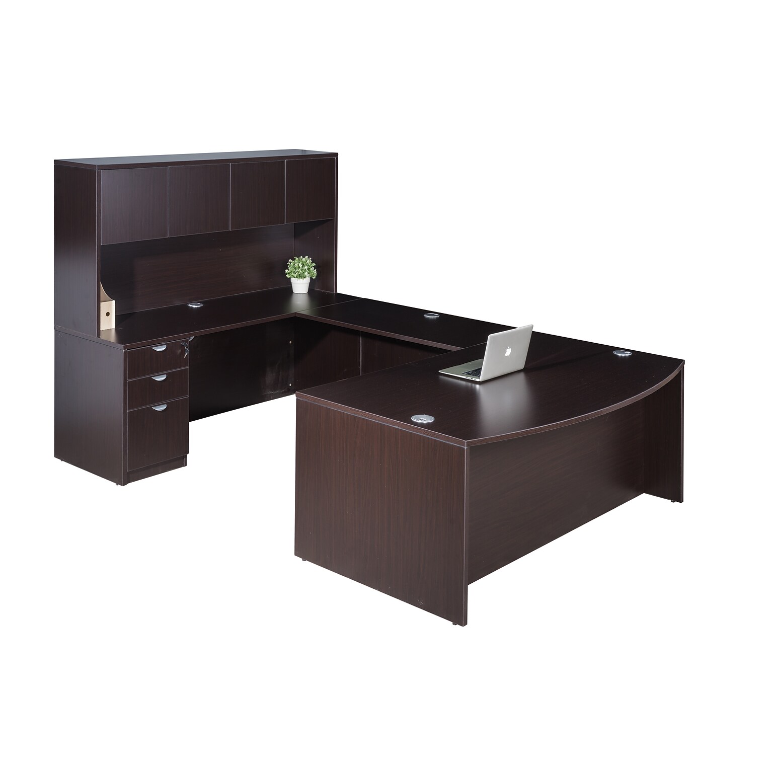 Boss Office Products 71 U-Shaped Curved Bow Desk with File Pedestal and Hutch, Mocha (GROUPAH-MOC)