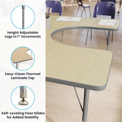 Flash Furniture Wren Horseshoe Activity Table, 66" x 60", Height Adjustable, Light Natural Top/Silver Frame (XUA6066HRSLNTA)