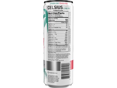 Celsius Sugar-Free Peach Vibe Sparkling Energy Drink, 12 fl. oz., 12 Cans/Carton (01043)