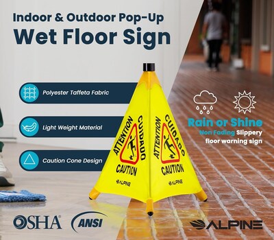 Alpine Industries Wet Floor Caution Cone Sign, 30"H, Yellow, 5/Pack (498-30-5pk)