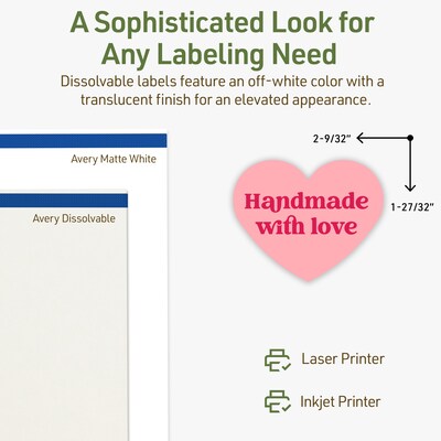 Avery Dissolvable Heart Shaped Multipurpose Labels, 2-9/32" x 1-27/32", Off-white, 60/Pack (94603)