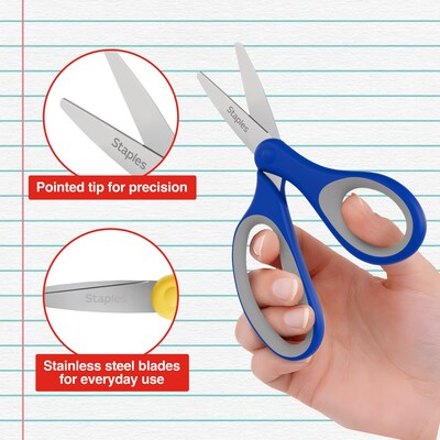 Staples Teacher Pack 5" Kids Pointed Tip Stainless Steel Scissors, Straight Handle, Right & Left Handed, 12/Pack (TR55057)