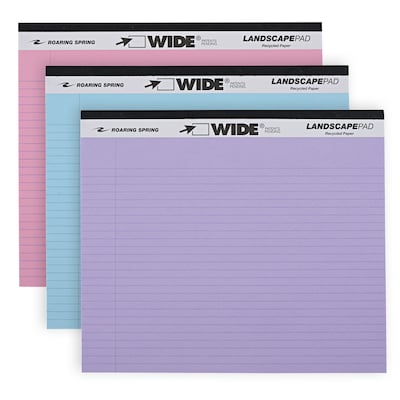 Roaring Spring WIDE Landscape Notepad, College Ruled, 11 x 9.5, Assorted Colors, 40 Sheets, 3/Pack (74535)