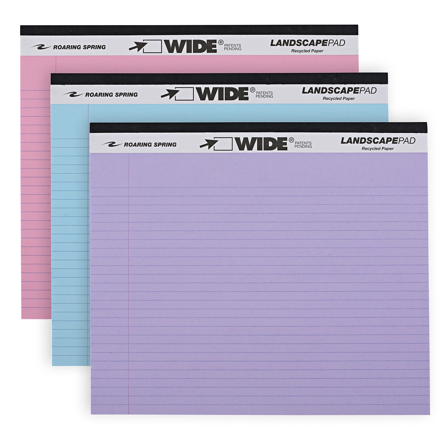 Roaring Spring WIDE Landscape Notepad, College Ruled, 11 x 9.5, Assorted Colors, 40 Sheets, 3/Pack (74535)
