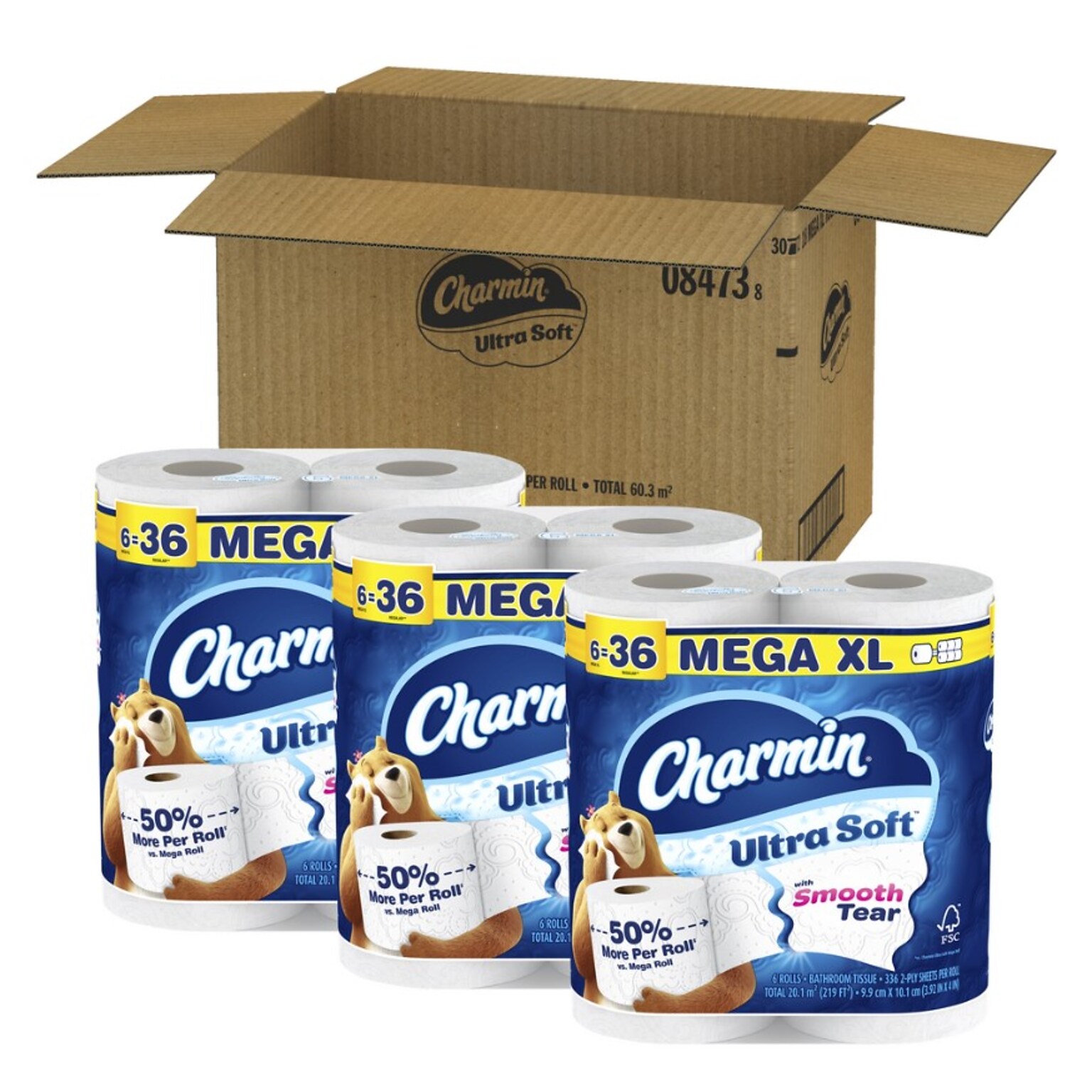 Charmin Ultra Soft Mega XL Toilet Paper, 2-Ply, White, 366 Sheets/Roll, 6 Rolls/Pack, 3 Packs/Carton (01568)