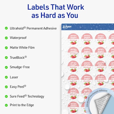 Avery Waterproof Round Laser Multipurpose Labels, 1 Dia., White, 2400/Box (19479399402)