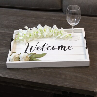 Elegant Designs "Welcome" Decorative Wood Serving Tray w/ Handles, 15.50" x 12", White Wash (HG2000-WWC)