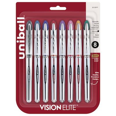 uni-ball Vision Elite Rollerball Pens, Bold Point, Assorted Colors Ink, 8/Pack (90199PP)