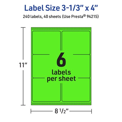 Avery Laser/Inkjet Multipurpose Rectangle Labels, 3-1/3" x 4", Neon Green, 240/Pack (94215)