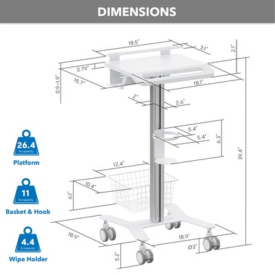 Mount-It! MedHub Mobile Medical Cart with Laptop Bar, Storage Accessories, and Locking Caster Wheels, White/Grey (MI-16029)