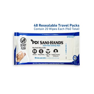 PDI Sani-Hands 70% Alcohol Hand Sanitizing Wipes, 20 Wipes/Packet, 48 Packets/Carton (P71520)