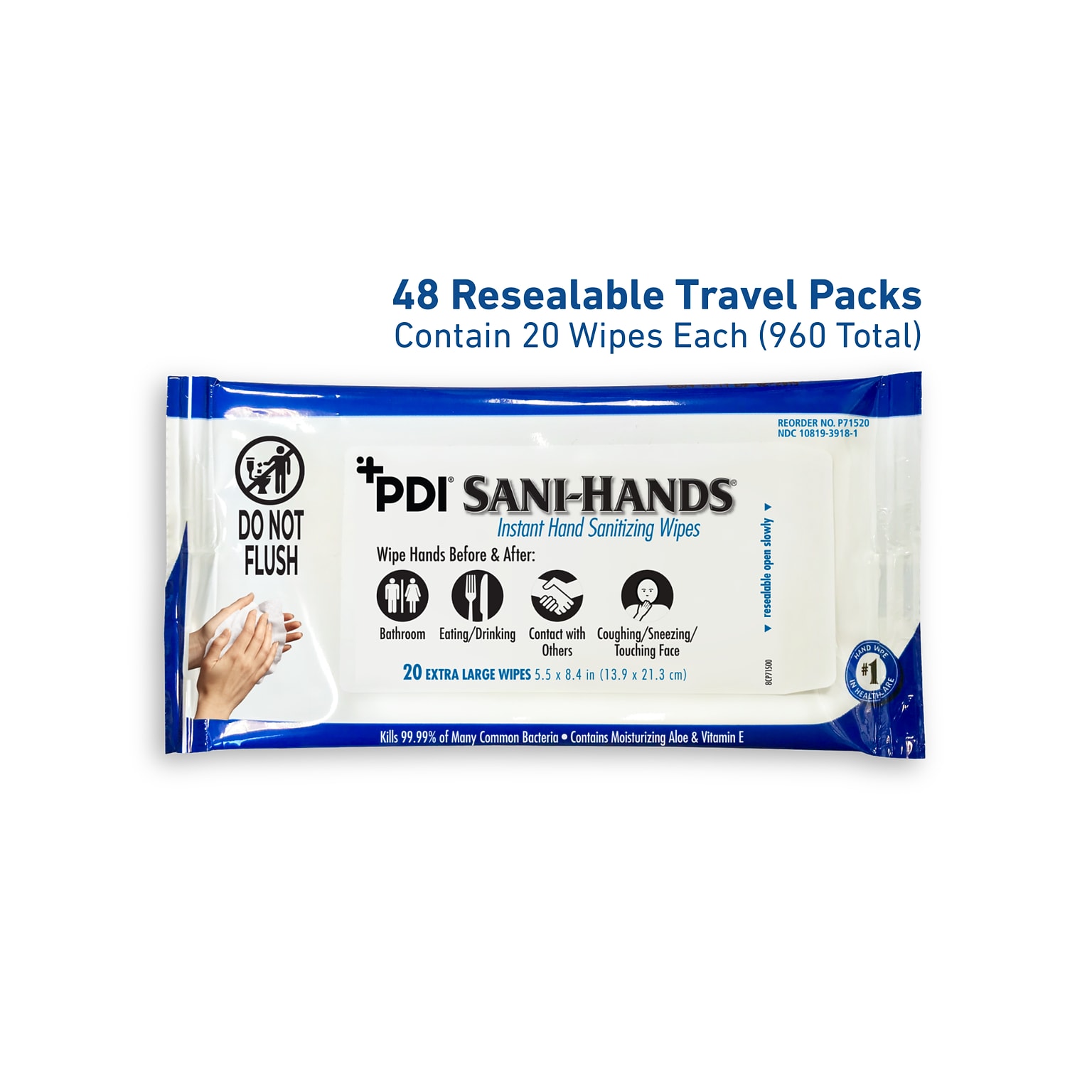 PDI Sani-Hands 70% Alcohol Hand Sanitizing Wipes, 20 Wipes/Packet, 48 Packets/Carton (P71520)