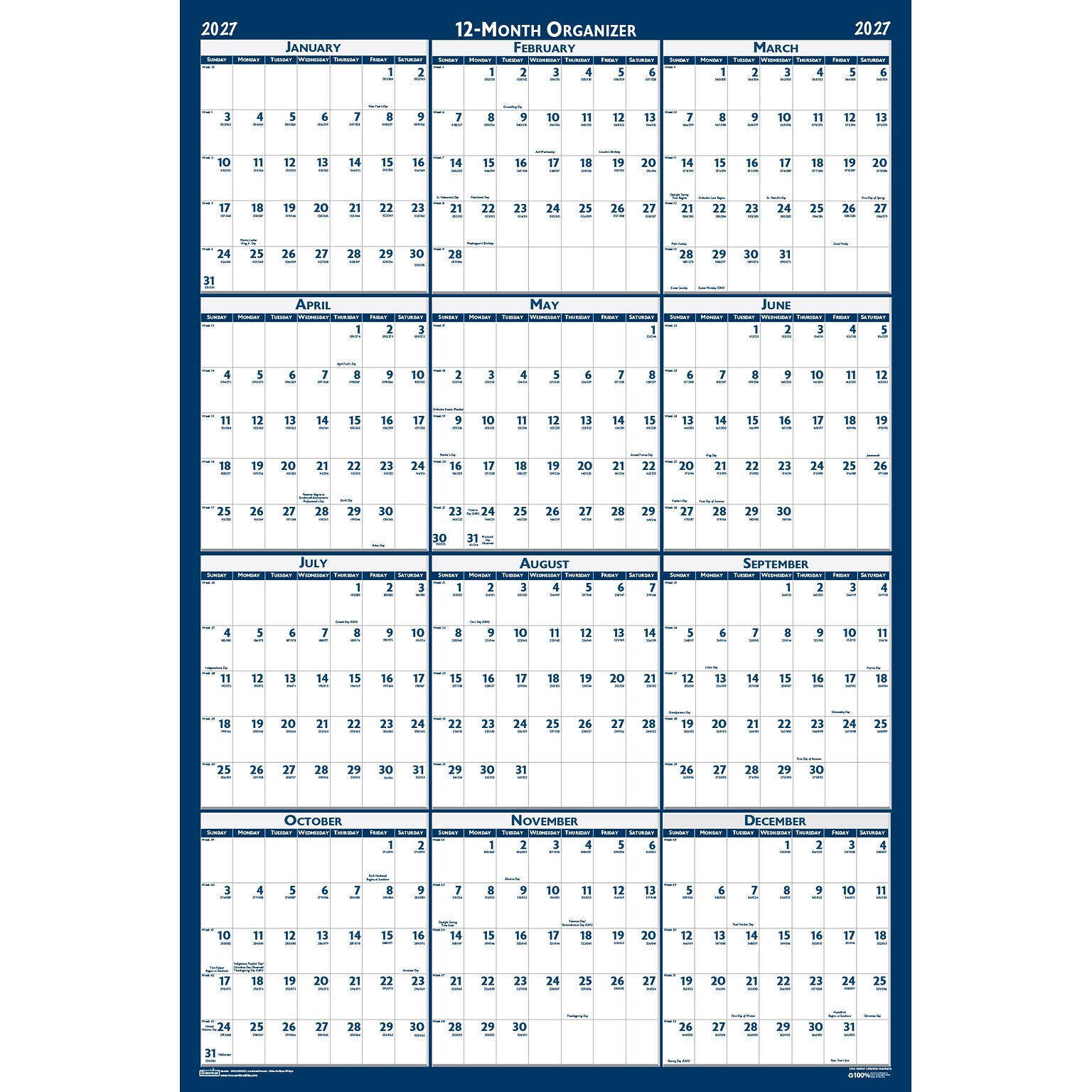 2027 House of Doolittle 32 x 48 Yearly Dry Erase Wall Calendar, Reversible, Blue (3961-27)