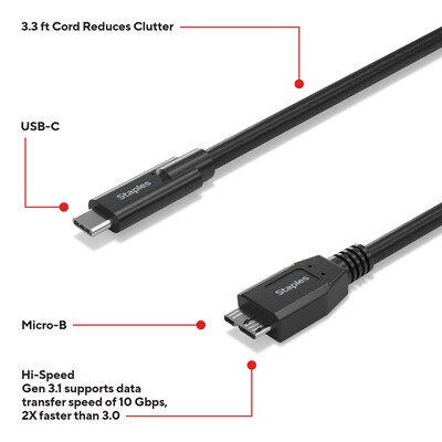 Staples TECH 3.3 ft. USB-C to Micro USB Type-B Audio/Video Cable, Male to Male, Black (ST62445)