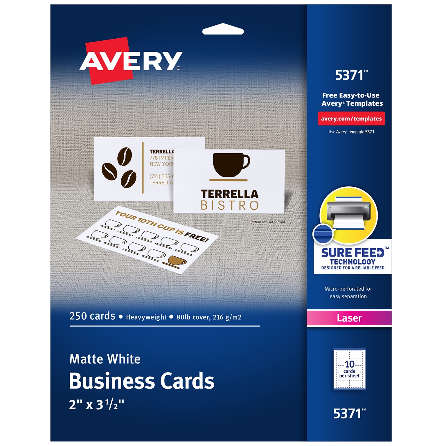 Avery Laser Business Cards, 2 x 3.5, White, 250/Pack (05371)