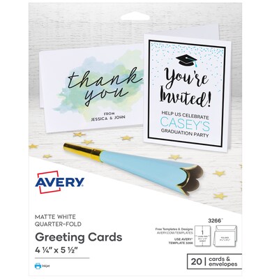 Avery Quarter-Fold Greeting Cards with Envelopes, 4.25 x 5.5, Matte White, Inkjet, 20/Pack (03266)