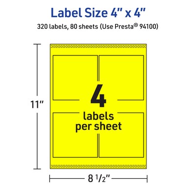 Avery Laser/Inkjet Multipurpose Square Labels, 4" x 4", Neon Yellow, 320/Box (94100)