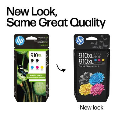 HP 910XL Black/Cyan/Magenta/Yellow High Yield Ink Cartridges, 5/Pack (6ZA558AN)