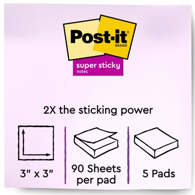 Post-it Super Sticky Notes, 3" x 3", Supernova Neons, 90 Sheets/Pad, 5 Pads/Pack (654-5SSMIA)