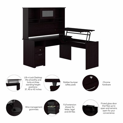 Bush Furniture Cabot 60"W 3 Position Sit to Stand L Shaped Desk with Hutch, Espresso Oak (CAB045EPO)