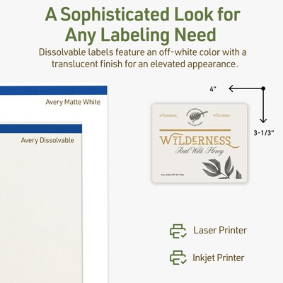 Avery Dissolvable Rectangle Multipurpose Labels, 3-1/3" x 4", Off-white, 60/Pack (94215)